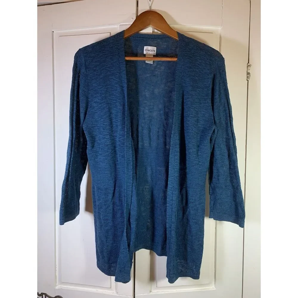 Chicos 2 Lightweight Cardigan Sweater‎ Womens Large Blue Modest Office Church